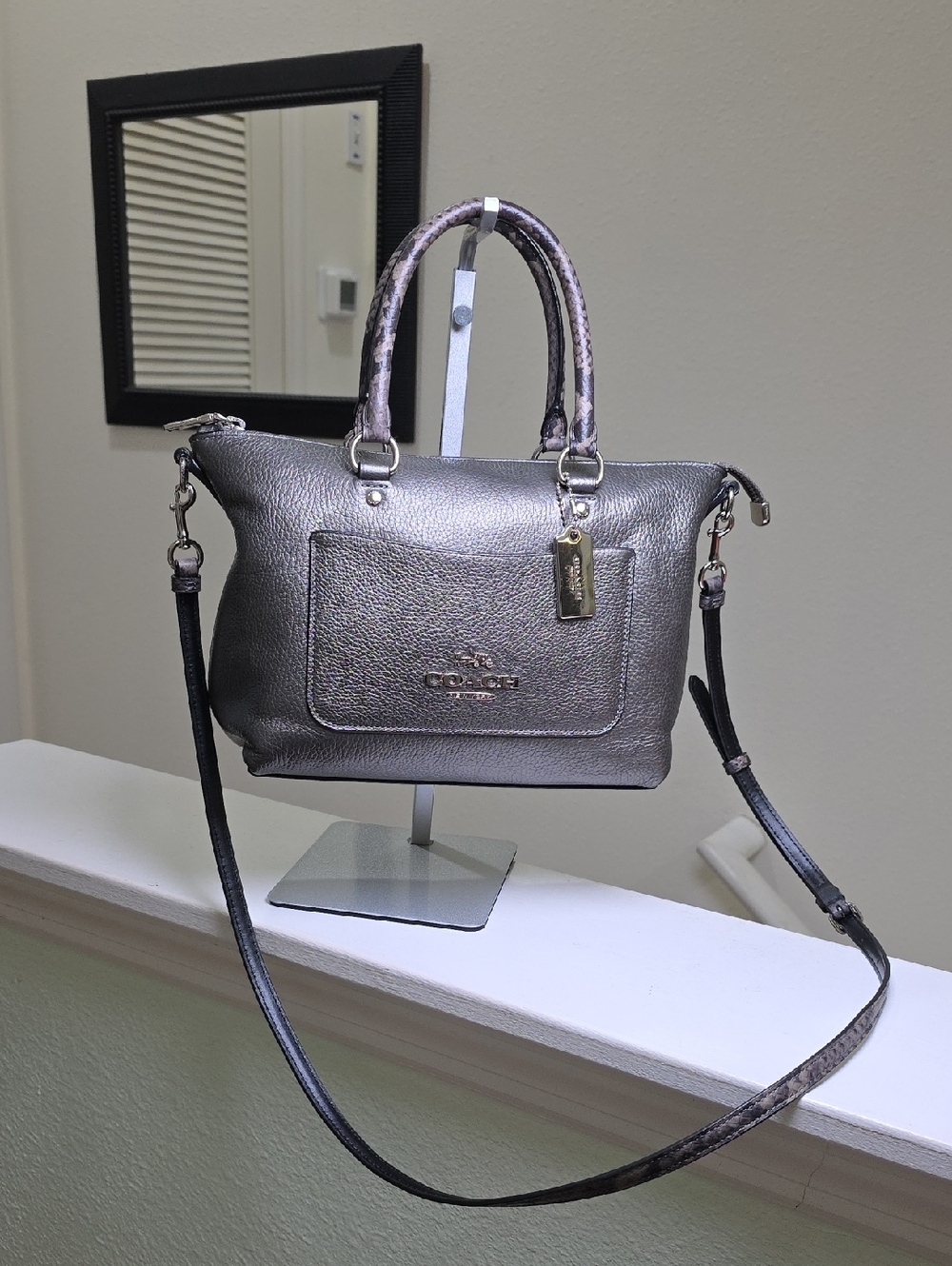COACH F38877 Metallic Gray/Silver Leather Mini EMMA Satchel/Crossbody Bag EUC
